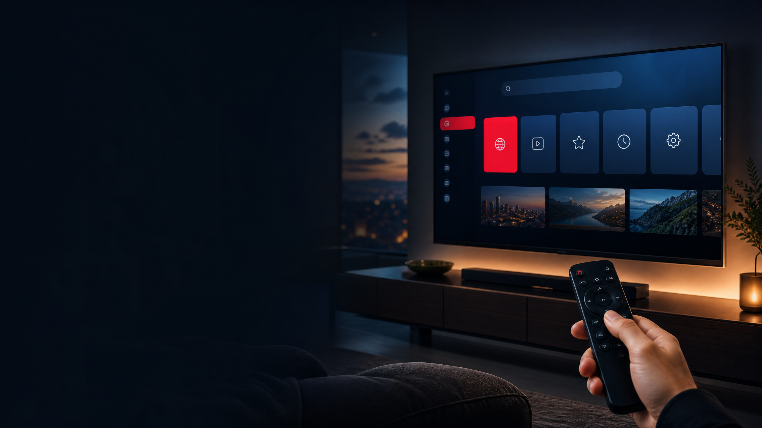 A web dashboard displayed on a television in a modern living room